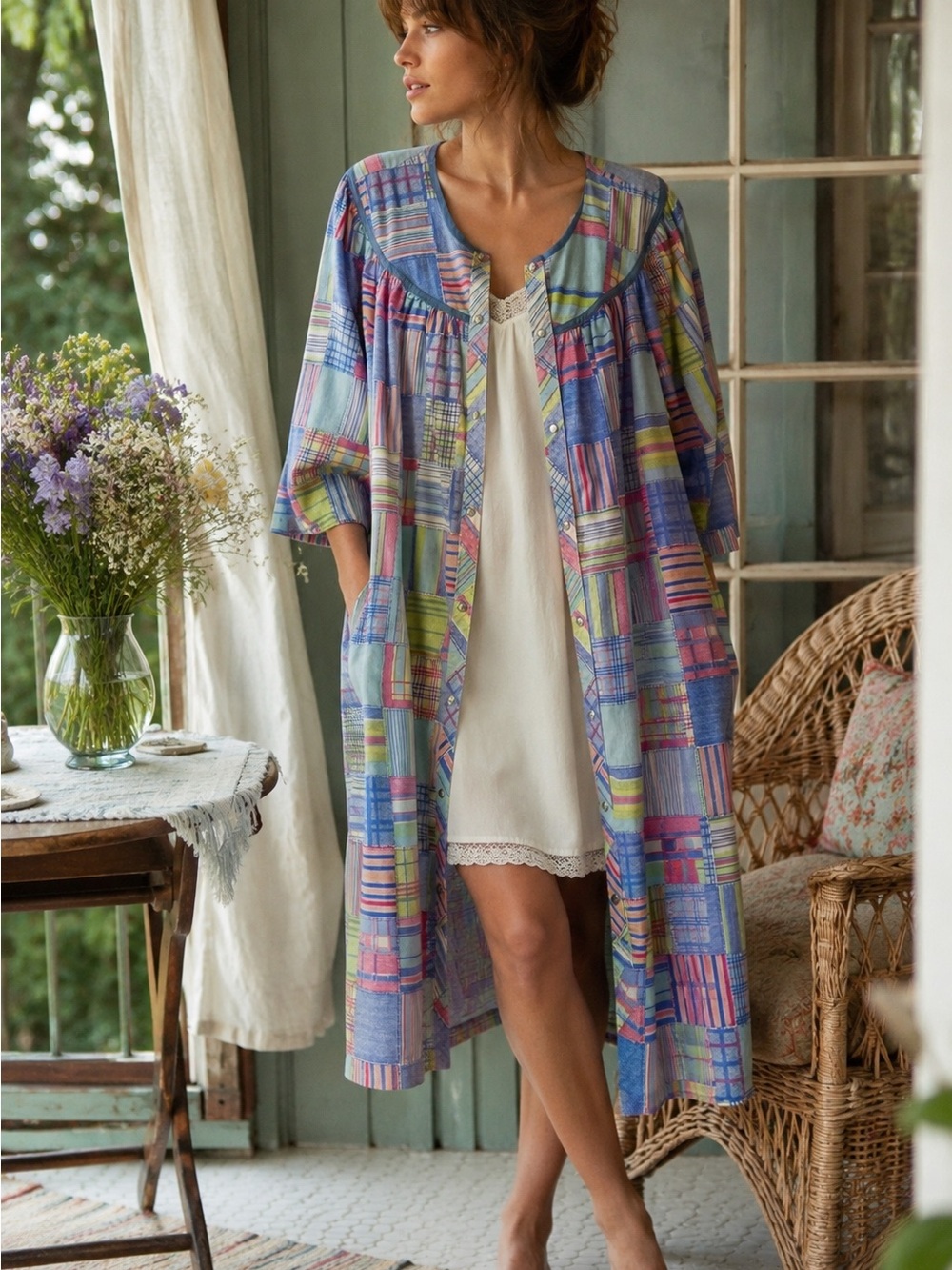 Vintage Modes Coat Patchwork Print Housecoat Snap Front Duster Cottagecore